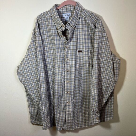 ✨ Carhartt Men’s Plaid Button Down Shirt Tan Blue 2XL Tall - Picture 1 of 10